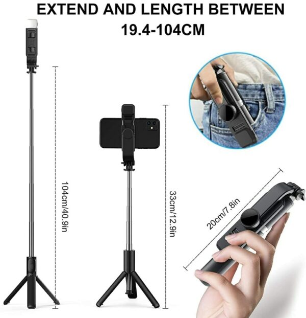 EM Selfie Stick with Led Light Wireless Remote and Tripod Stand