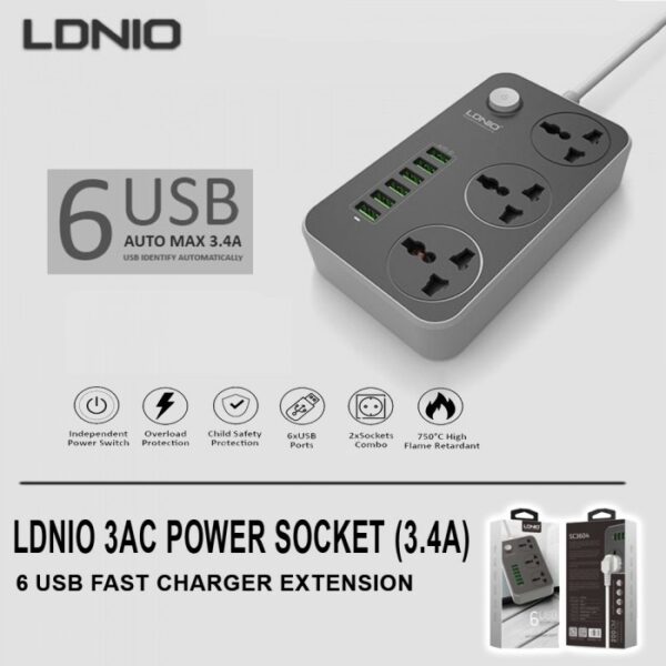 LDNIO SC 3604 Multifunctional 6-Port Universal USB With 3 Power Socket